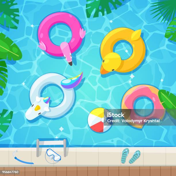 Schwimmbad Mit Bunten Festwagen Ansicht Von Obenvektorillustration Kinder Aufblasbare Spielzeuge Flamingo Ente Donut Einhorn Stock Vektor Art und mehr Bilder von Schwimmbecken