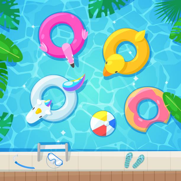 ilustraciones, imágenes clip art, dibujos animados e iconos de stock de piscina con coloridas carrozas, ilustración del vector de la vista superior. los niños juguetes inflable flamingo, pato, donut, unicornio. - rubber duck