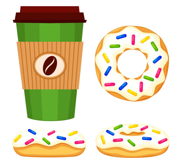 ilustrações, clipart, desenhos animados e ícones de conjunto de donuts e café colorido dos desenhos animados - coffee bagel donut coffee cup