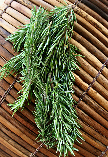 Rosemary Sprigs on a bamboo mat stock photo