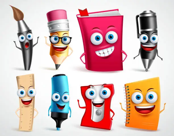 Vector illustration of School characters vector illustration set. Education items 3D cartoon mascots