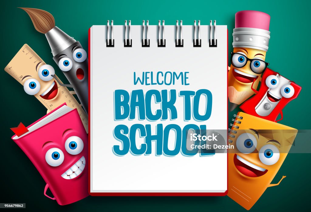 Back to school vector characters background template with white empty space Back to school vector characters background template with white empty space for educational text and colorful funny school cartoon mascots. Vector illustration. Back to School stock vector