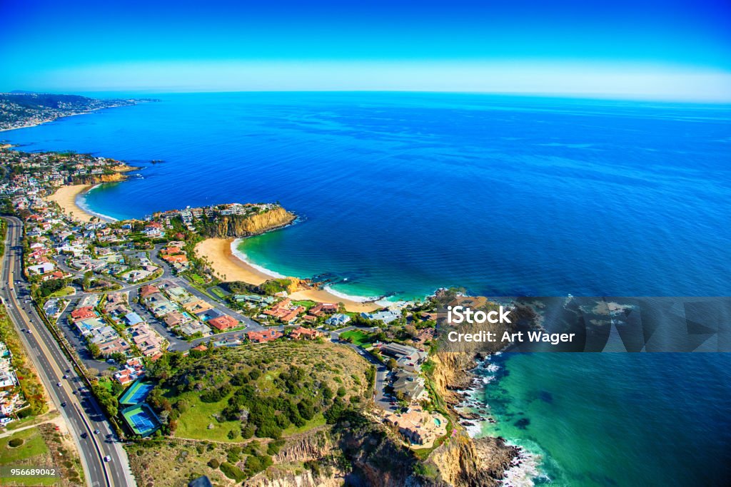 Southern California Rocky Coastline The beautiful community of Laguna Beach in southern Orange County, California shot from an altitude of about 1500 feet. Laguna Niguel Stock Photo