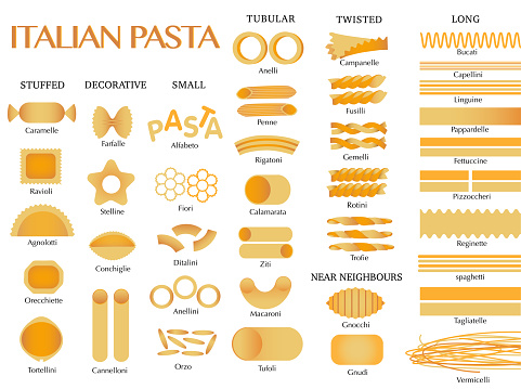 Pasta shapes vector icons of italian vector on white background