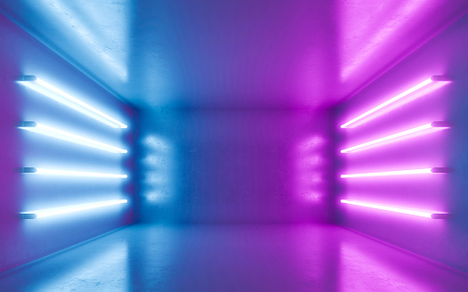 Abstract room interior for backgrtound with blue and violet neon. 3d rendering