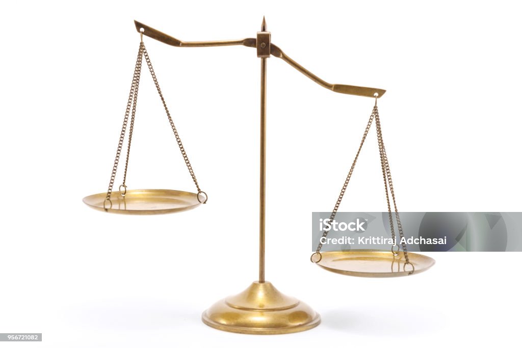 Gold brass balance scale Gold brass balance scale isolated on white background. Sign of justice, lawyer Weight Scale Stock Photo