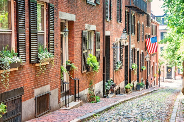 Brownstone townhomes in Beacon Hill Boston Massachusetts USA Stock photograph of brownstone townhouses on historic Acorn Street in Beacon Hill, downtown Boston, Massachusetts, USA. new england usa photos stock pictures, royalty-free photos & images