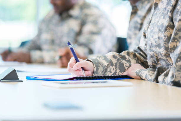 istock Soldiers complete exam during college class 956729738