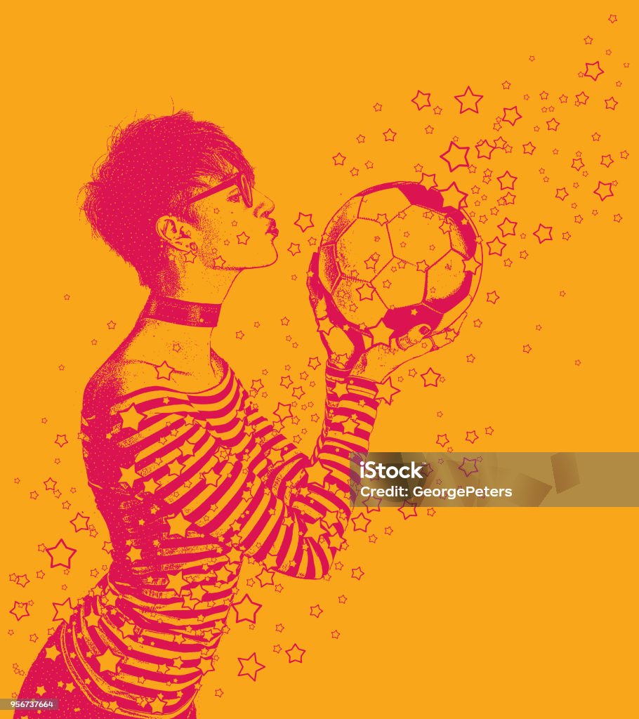 Excited female soccer fan kissing soccer ball Line art illustration of an Excited female soccer fan kissing soccer ball 20-24 Years stock vector