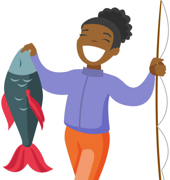 ilustraciones, imágenes clip art, dibujos animados e iconos de stock de pescado de explotación negra pescadora - fisherwoman