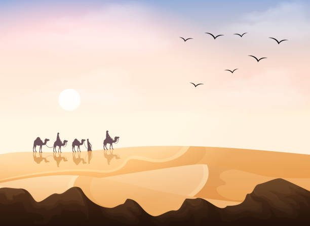 gruppe von arabischen menschen reiten mit kamelen karawane in der wüste - karawane stock-grafiken, -clipart, -cartoons und -symbole