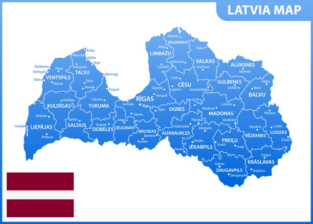 ilustrações, clipart, desenhos animados e ícones de o mapa detalhado da letónia com regiões ou estados e cidades, capital. divisão administrativa - jelgava