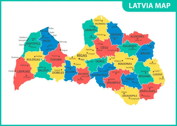 Vector illustration of The detailed map of Latvia with regions or states and cities, capital. Administrative division