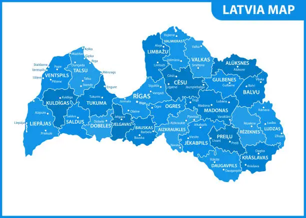 Vector illustration of The detailed map of Latvia with regions or states and cities, capital. Administrative division