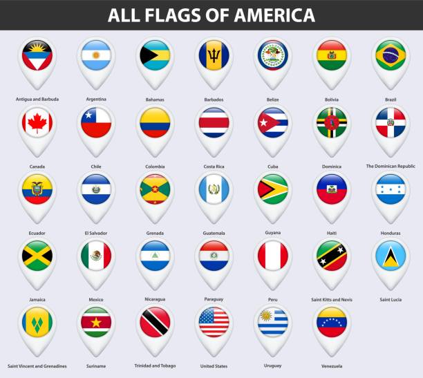 alle flaggen der länder von amerika. karte zeiger glänzend mit anstecknadel. - barbados flag illustrations stock-grafiken, -clipart, -cartoons und -symbole