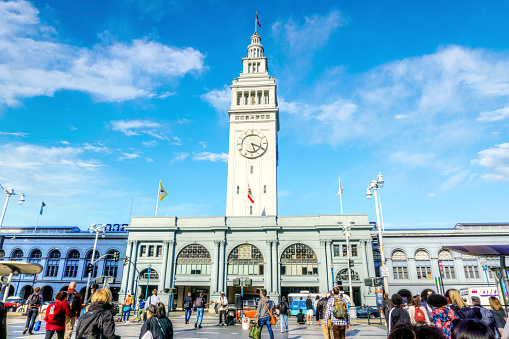 The historic Ferry Building and Marketplace at the Embarcadero in downtown San Francisco was opened in 1898. At the time it was the second busiest transit terminal in the world. Today, it is a terminal for San Francisco Bay ferries and a marketplace.