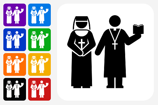 Nun and Priest Icon Square Button Set. The icon is in black on a white square with rounded corners. The are eight alternative button options on the left in purple, blue, navy, green, orange, yellow, black and red colors. The icon is in white against these vibrant backgrounds. The illustration is flat and will work well both online and in print.