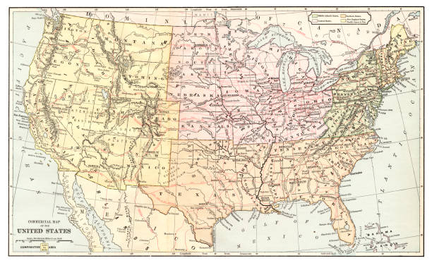 ilustraciones, imágenes clip art, dibujos animados e iconos de stock de mapa de estados unidos 1877 - montana map usa old