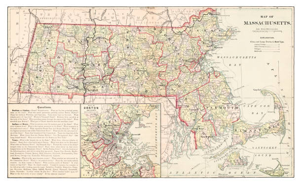 mapa massachusetts 1877 - massachusetts map cartography nantucket stock illustrations