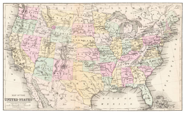 ilustraciones, imágenes clip art, dibujos animados e iconos de stock de mapa de estados unidos 1877 - montana map usa old