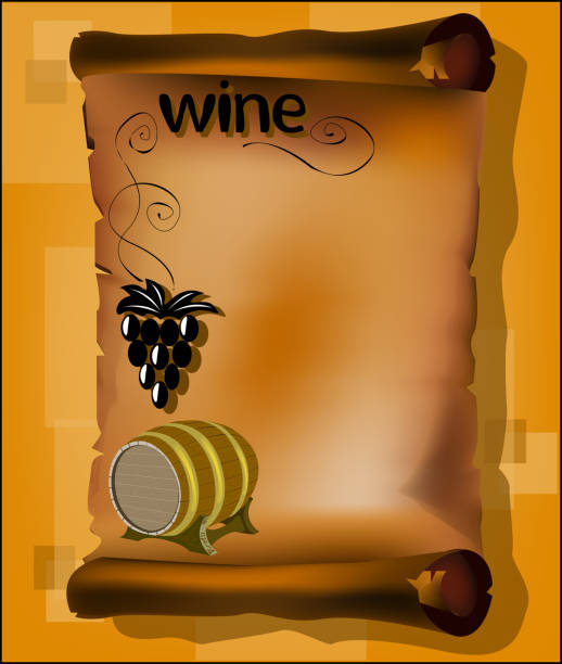 ilustraciones, imágenes clip art, dibujos animados e iconos de stock de pergamino con el barril de la viña y el vino - wine barrel label vine