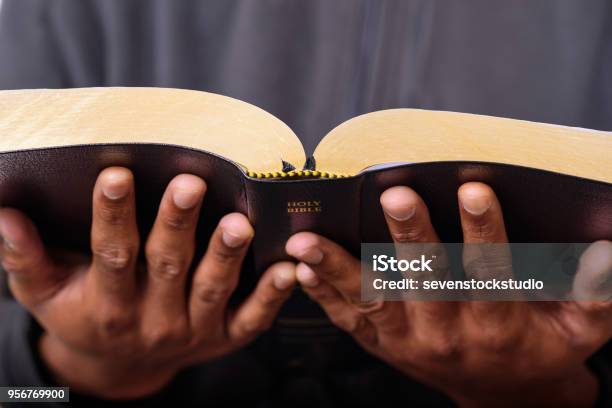 A Man Hands Holding The Holy Bible Stock Photo - Download Image Now - Pastor, Bible, Studying