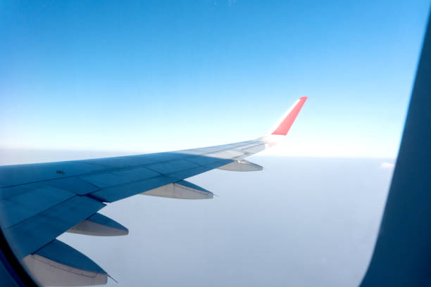 istock Aircraft Wing Look at view with cloud sky 956782998