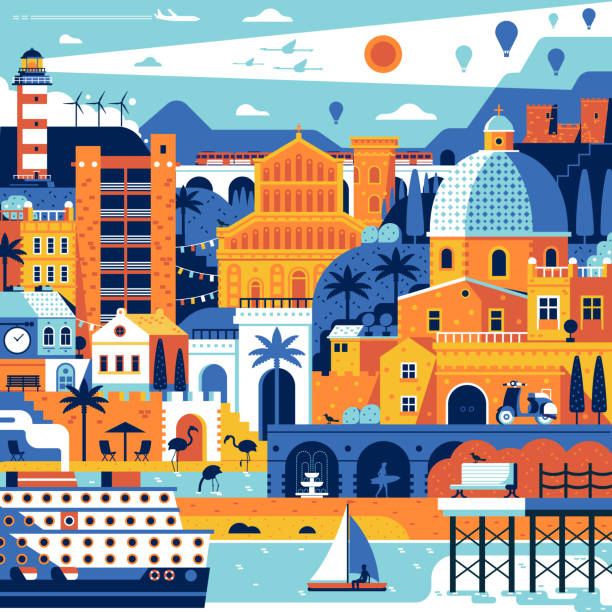 illustrazioni stock, clip art, cartoni animati e icone di tendenza di poster della città mediterranea estiva - sardegna