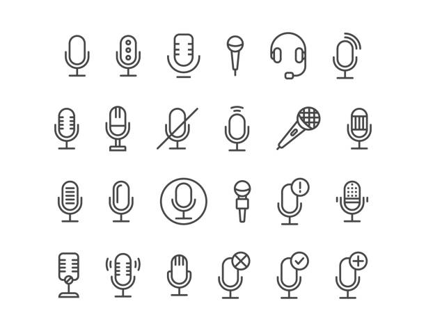 illustrazioni stock, clip art, cartoni animati e icone di tendenza di set semplice di microfono e relativo alle icone della linea vettoriale del microfono microfono. tratto modificabile. 48x48 pixel perfetto. - podcast