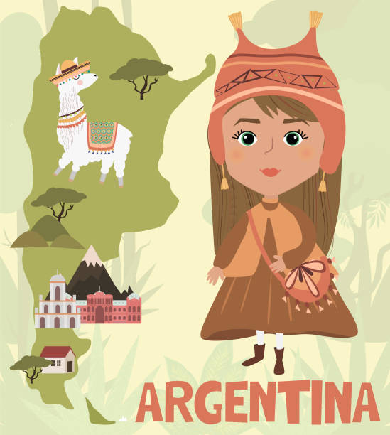 ilustraciones, imágenes clip art, dibujos animados e iconos de stock de gente del cartel del mundo. carácter de argentina en trajes nacionales y mapa con puntos de referencia. ilustración vectorial editable - global traditional culture global communications child