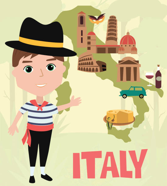 ilustraciones, imágenes clip art, dibujos animados e iconos de stock de gente del cartel del mundo. carácter de italia en trajes nacionales y mapa con puntos de referencia - global traditional culture global communications child