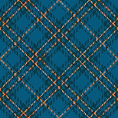 Seamless plaid check pattern in teal blue, dark teal green and orange.