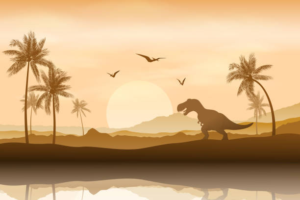 ilustraciones, imágenes clip art, dibujos animados e iconos de stock de silueta de un dinosaurio en el fondo de la orilla del río - tyrannosaur