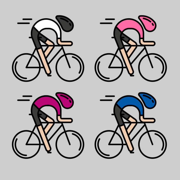 Four flat bicyclists, side view Modern Illustration of cyclists. Front view of bicyclists in pink, cyclamen, white and blue jerseys isolated on gray. Cycling logo, icon concept for professional bycicle race. Thin line style vector cycle racing stock illustrations