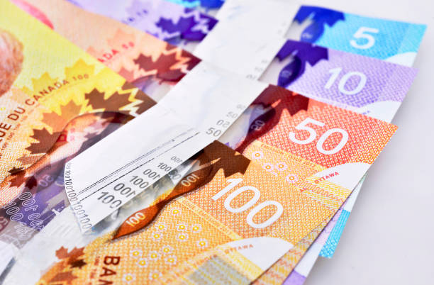istock Background shot of Canadian banknotes on white background 956800924