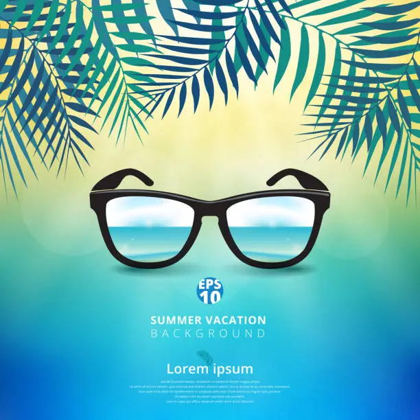 Vector illustration of Abstract of summer time background with sunglasses and leaves of nature, sunshine bright on center of blue sky theme.