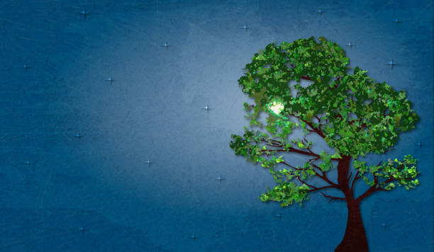 istock Illustration of summer green tree on background starry night with marble paper effect and space for your text. 956812800