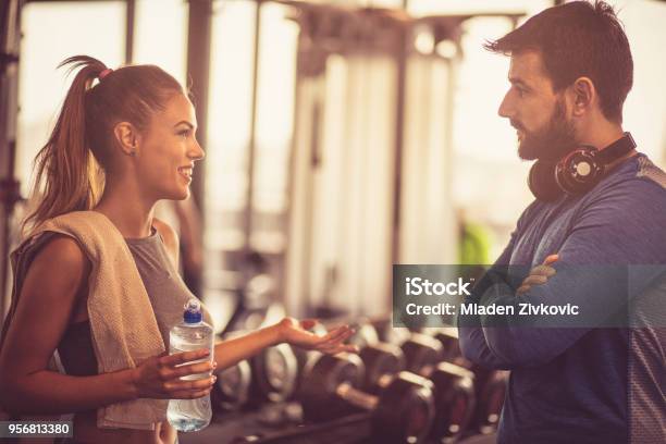 Talk After Exercise Stock Photo - Download Image Now - Fitness Instructor, Discussion, Talking