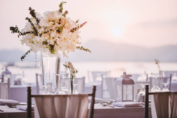 Table setting at a luxury wedding and Beautiful flowers on the table.