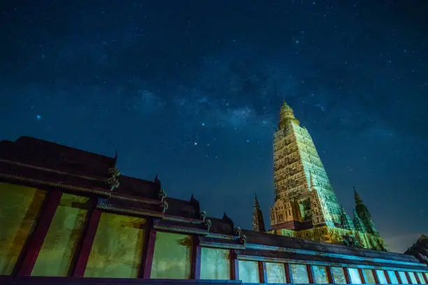 Photo of Wat Maha That Wachiramongkol (Wat Bang Thong) is a temple in Krabi Province, Thailand.Taken at night, there are Milky Way stars.