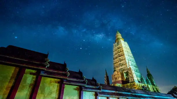 Photo of Wat Maha That Wachiramongkol (Wat Bang Thong) is a temple in Krabi Province, Thailand.Taken at night, there are Milky Way stars.