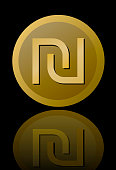 istock Israeli currency shekel symbol , elegant minimalist circle gold metallic coin with mirror reflection isolated on black background 956830726