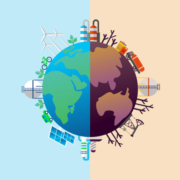 планета загрязненной и зеленой энергии - pollution stock illustrations