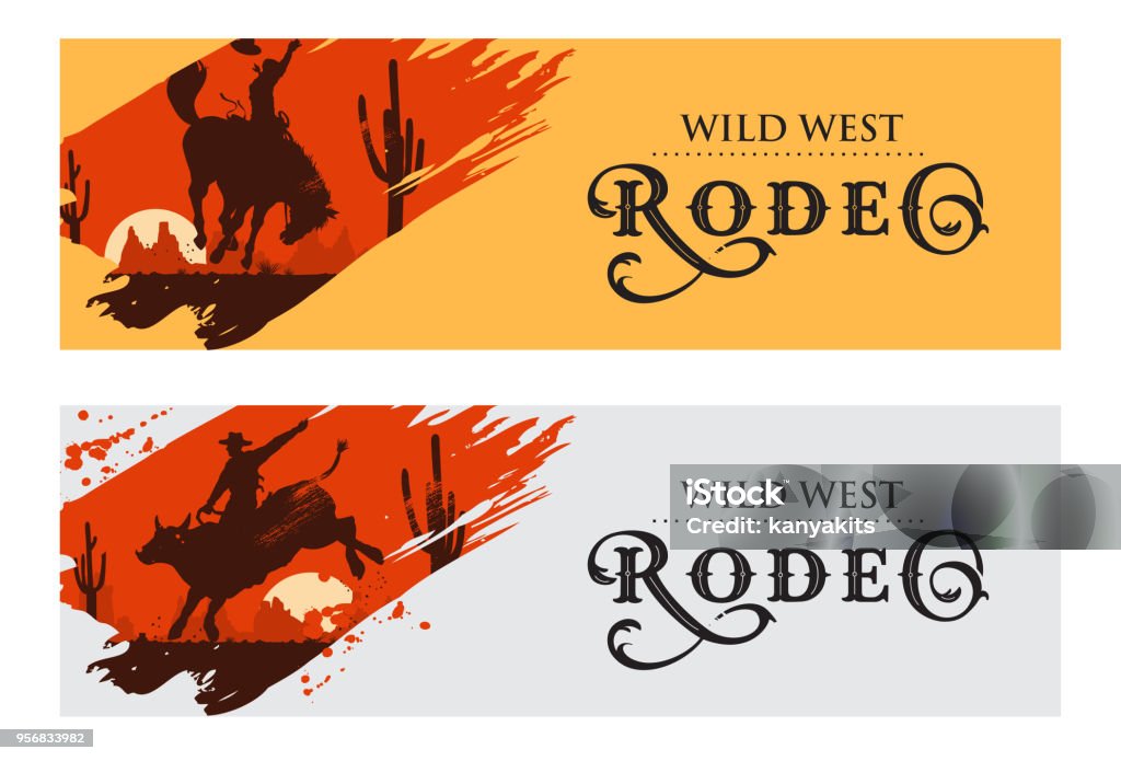 Anuncios de vaquero, Toro de Rodeo cowboy a caballo y caballo, ilustración vectorial - arte vectorial de Rodeo libre de derechos