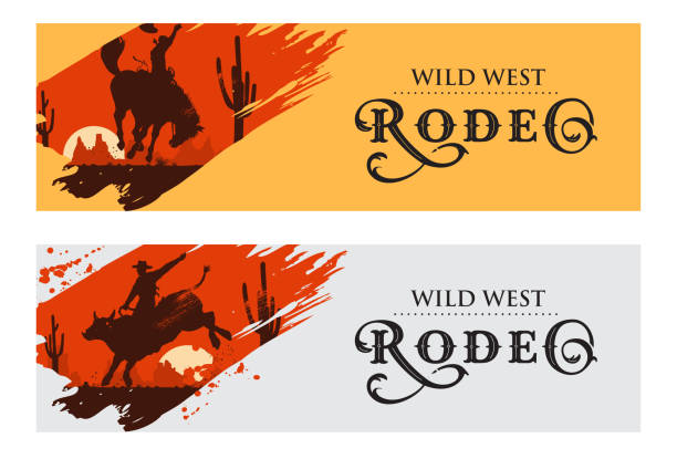 ilustrações, clipart, desenhos animados e ícones de banners de vaqueiro, touro de rodeio cowboy equitação e cavalos, ilustração vetorial - rodeo cowboy horse silhouette