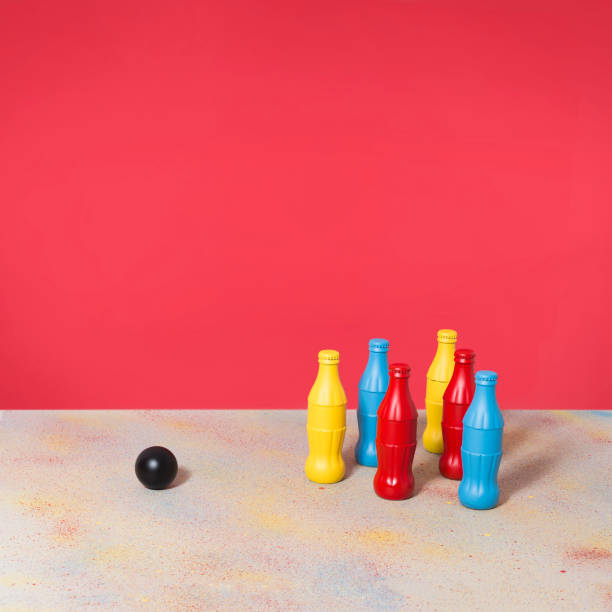 Flat-colored bottles put in bowling.