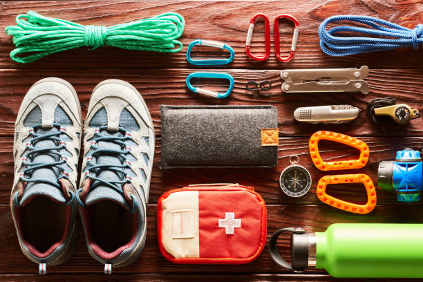 istock Travel items for hiking flat lay 956835412
