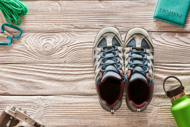 istock Travel items for hiking over wooden background 956835510