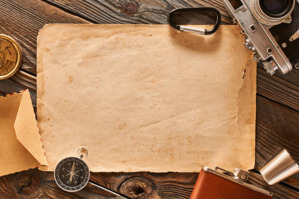 istock Old blank paper sheet and vintage 35mm camera 956835686