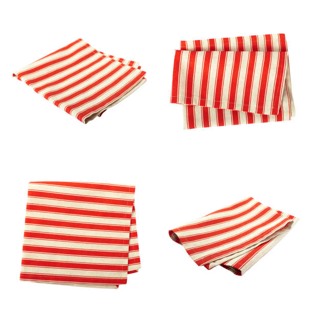 istock Set stack of colorful dish towels isolated on white. Multi-colored linen napkins for restaurant. Flat mock up for design. Top view 956836004